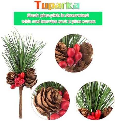 TUPARKA 12 PCS Artificial Pine Cone Picks Holly Berry Stems for Christmas