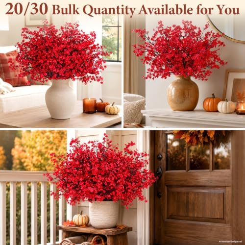 Yastouay 30 Pcs Baby Breath Flowers Artificial Bulk, Fake Fall Flowers, Red