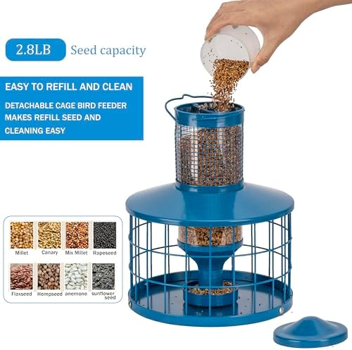 Caged Bird Feeders Squirrel-Proof, Metal, 2.8 Lbs Capacity-Cage Tube Seed Feeders with Tray Outdoor Hanging, Attract Birds,Detachable Cleaning, Starling Proof Wild Bird Feeder（Blue）