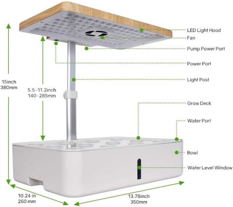 Indoor Hydroponic Growing System with LED Light, Wooden Top Cover, Touch Control, White Base