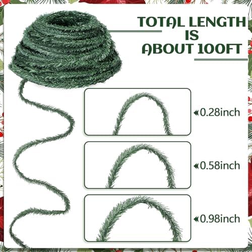 Jutom 100 Ft 0.98 Inch Christmas Miniature Artificial Pine Garlands Mini Pine Greenery Roping Garlands Mini Thin Wired Stems for Christmas Crafts Holiday Outdoor Decor (Green)