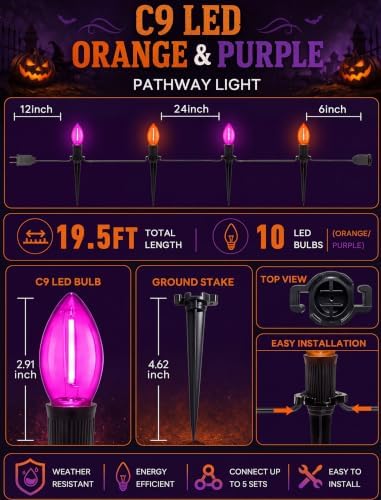 10 Pack Halloween Pathway Lights Outdoor, Orange & Purple LED Stake Lights