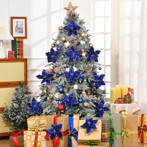 10 PCS Glitter Poinsettias, 8.7" Artificial Christmas Flowers, Royal Blue