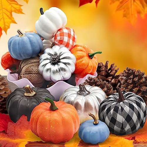 Ueerdand 16 PCS Fall Decor Artificial Pumpkins Burlap Faux Foam Pumpkins for Harvest Autumn Season Halloween Thanksgiving Holiday Festive Embellishing and Displaying