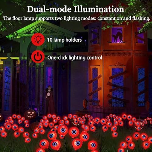 JUSTUP 2PCS Halloween Red Eyeball Solar Lights, IP55 Waterproof Outdoor Lawn Lighting with 10-LED LED Chips, Spooky Ambience Garden Decor for Gardens Lawns & Halloween Parties