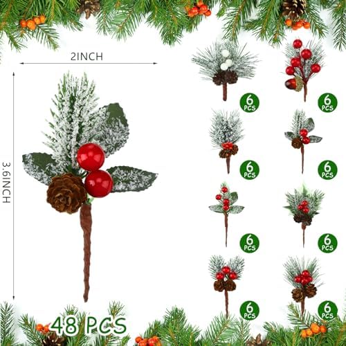 48 Pcs Christmas Floral Picks and Sprays Cone Berry Stems for Craft, Lovely