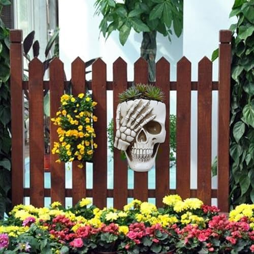 Skull Wall Planter Skull Planter for Halloween Indoor Outdoor Plants, Gothic Spooky Face Head Hanging Flower Pot with Drainage for Fence Decoration (Don't Look White)