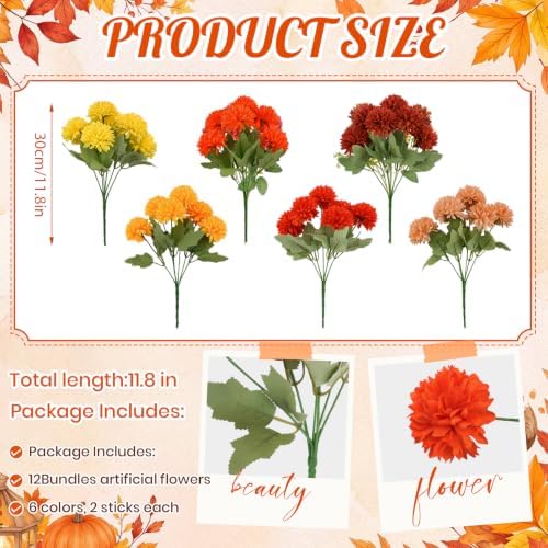 XunYee 12 Pcs Fall Artificial Flowers for Outdoor,Assorted Faux Mums