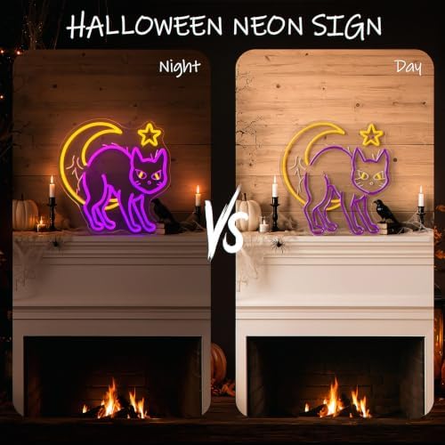 Mystic Cat & Moon Halloween Neon Sign, Dimmable Neon Signs for Wall Decor