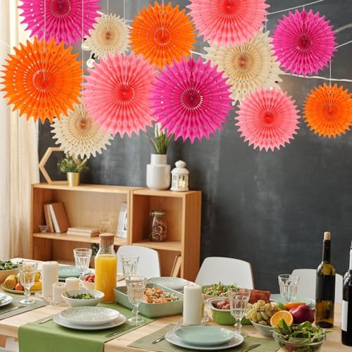 BestoFun 12PCS Paper Fans Peach and Hot Pink Party Decorations Tissue Paper Flowers Decorations for Girl Groovy Birthday Baby Shower Wedding Bachelorette Room Wall Hanging Décor