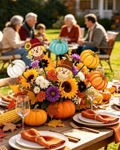 6 Pcs Fall Outdoor Decor Garden Stakes Pumpkin Scarecrow Metal Yard Sign Autumn Yard Stakes Thanksgiving Decorations for Planter Lawn Patio