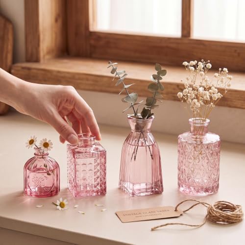Clear Pink Glass Bud Vase Set of 12 Pcs,Small Bud Vases in Bulk,Glass Crystal Flower Vases Table Centerpieces for Party Event Wedding Decor Baby Shower Decorations (Pink, 12 Pcs)