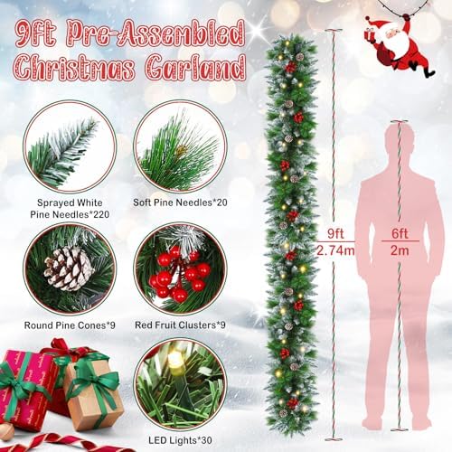 Christmas Garland,Christmas Garland with Lights, Christmas Decoration,9FT/2.7M, for Mantle, Home, Stairs, Fireplace, Porch, Door,Indoor/Outdoor (Green)