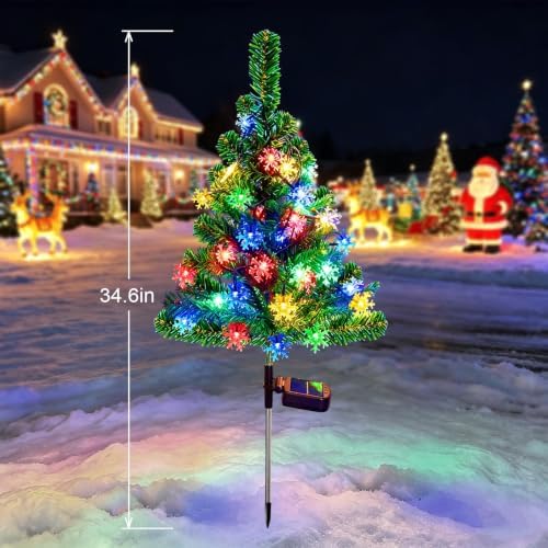 Windpnn 2-Pack 2.6FT Solar Christmas Tree Outdoor Christmas Decorations for Outsdie Garden, Patio, Yard, Pathway, Cemetery Decor (with 40 Snowflake Lights, Waterproof)