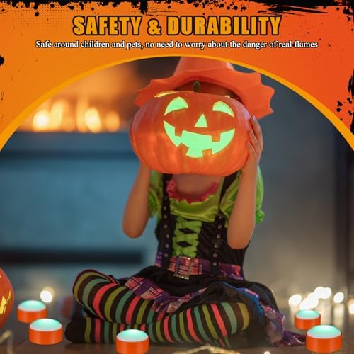 Riakrum 6 Pack Halloween Pumpkin LED Lights, Orang, Green Light