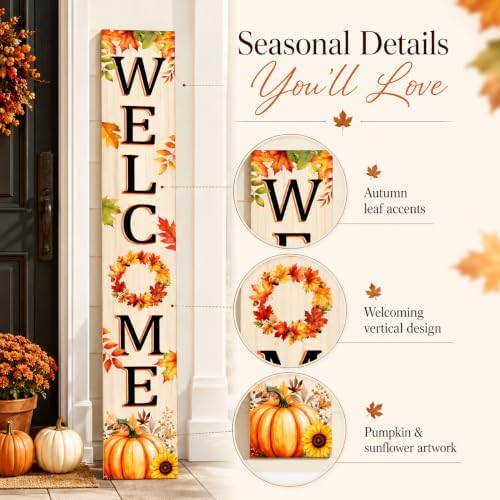 Fall Leaves Welcome Sign for Front Door, 47'' Autumn Porch Sign Farmhouse Warm Greeting Wooden Door Sign Rustic Vertical Porch Sign Pumpkin Standing Welcome Yard Signs for Patio Outdoor Indoor