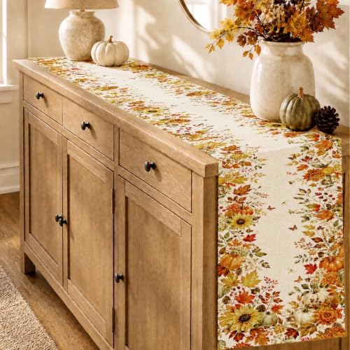 Fall Table Runner 13×90 in with Fall Decor Pumpkin, Sunflower&Leaf