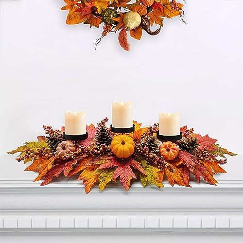 Thanksgiving Centerpiece Fall Table Decorations, Artificial Pumpkins, Pine Cones, Maple Leaves and Berries, Harvest Table Candle Holder for Dinning Table, Fireplace Mantel (Candle Not Included)