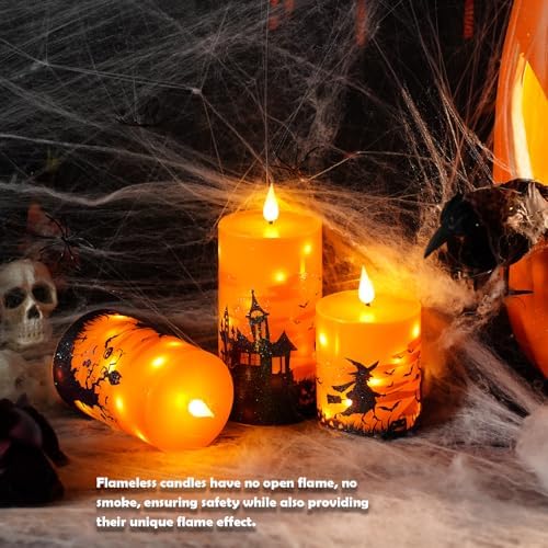 Sasigeiaa Halloween Flameless Candles with Remote - Orange LED Candles & String Lights, Battery Operated Set of 3 (D3 x H4/5"/6") for Window Decor, Halloween Decoration,Living Room Decoration