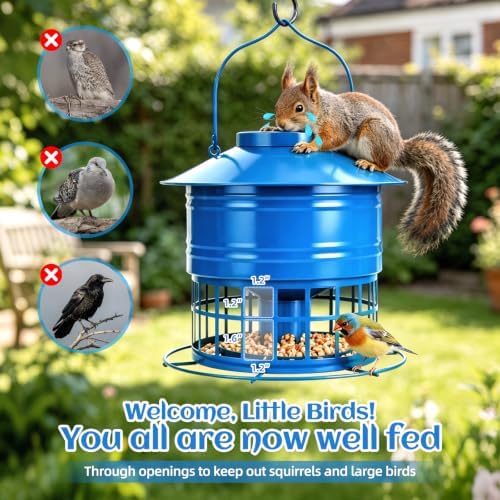 Bird Feeder for Outdoors, Squirrel Proof Bird Feeder for Outside 10LB Metal Caged Wild Bird Feeder with 32 Feeding Ports, Hanging Birdfeeder for Small Birds, Cardinals, Bluebirds, Finches (Blue)