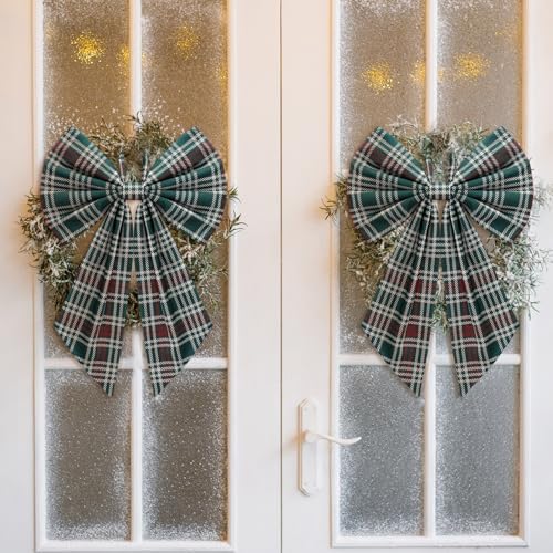 Suncalla 2 Pcs Red Green Christmas Plaid Wreath Bows 18'' x 12''