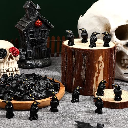 60Pcs Mini Resin Crows,Mini Black Crow Ravens Figurines