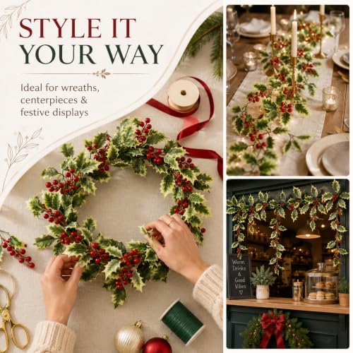 RAINFLOW Christmas Garland with Holly Berry Vine - Artificial Xmas Greenery