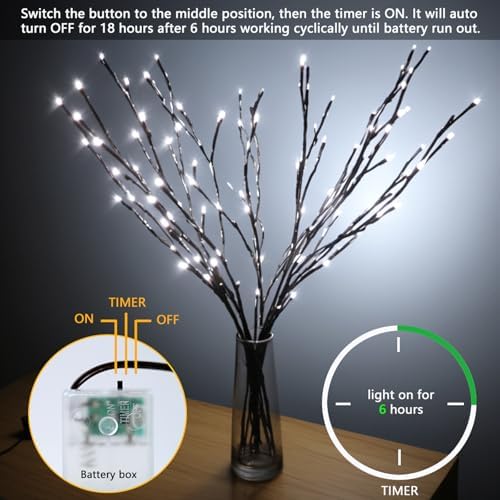 3PCS 30IN Lighted Tree Branches Lights with Timer, Battery Powered, White