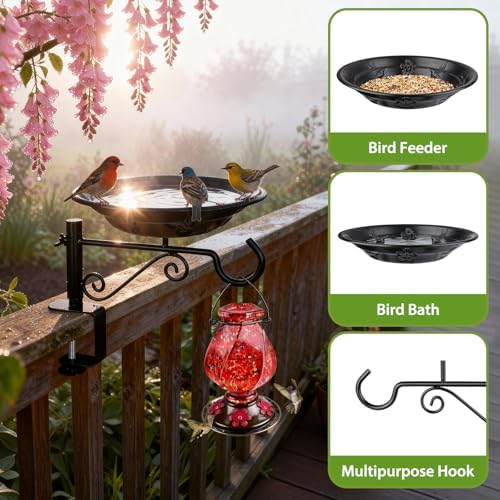 Balcony Bird Feeder, Bird Bath with Plant Hook for Outdoors, Black
