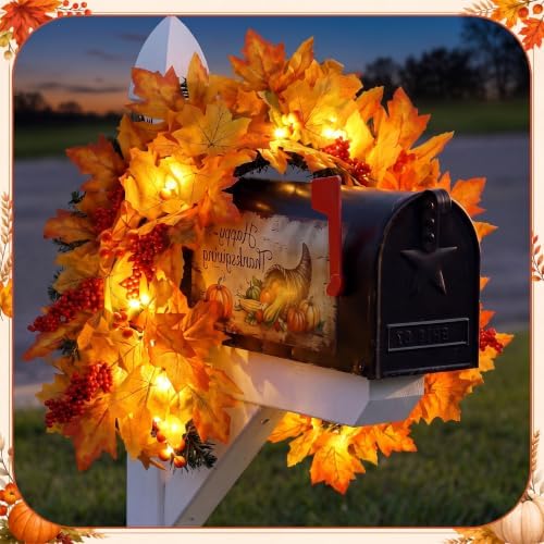 Yinder Fall Mailbox Swag Decor for Outdoor Maple Leaf Wreath with Lights
