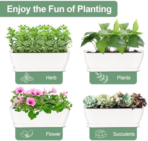 Oliz 4-Piece White Rectangular Window Sill Planters with Drainage Holes and Trays (11 Inches) for Basil, Orchids, and Succulents Modern Herb Garden Planters Suitable for Indoor/Outdoor Plants