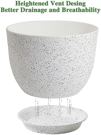 UOUZ 12inch Large Plant Pot, Modern Plastic Planter with High Driange Holes and Saucer for Indoor Outdoor Garden Plants and Flowers, White Speckles