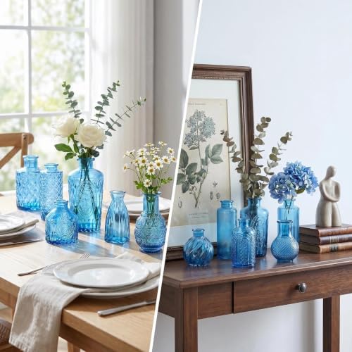 Mini Bud Vases Centerpieces for Tables,Clear Bud Vases for Flowers,Small Flower Vases Suitable for Birthday Party,Anniversary,Wedding Reception,Baby Shower (Blue, 12PCS)
