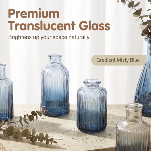 Mini Bud Vases Centerpieces for Tables,Clear Bud Vases for Flowers,Small Flower Vases Suitable for Birthday Party,Anniversary,Wedding Reception,Baby Shower (GradBlue, 12PCS)