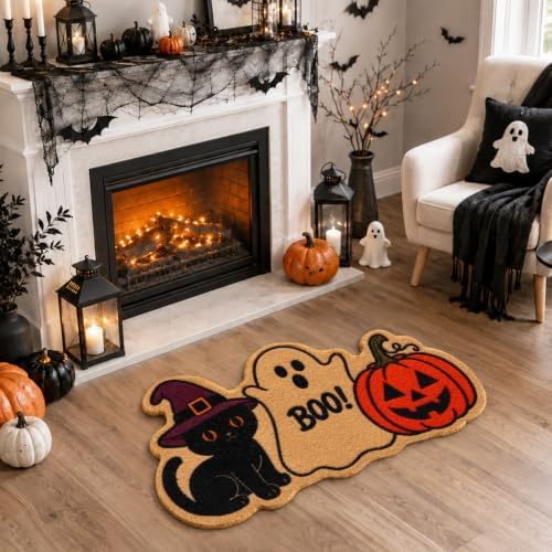 Halloween Black Cat Ghost Pumpkin Welcome Doormat-Halloween Coir Door Mat