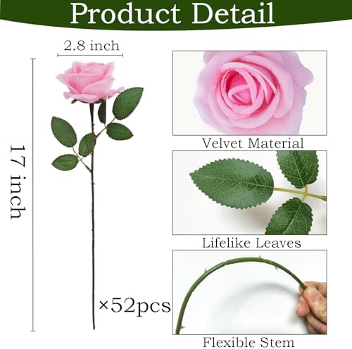 50Pcs Pink Roses Artificial Flowers with Stems，Fake Roses Bouquet Fake Flowers Bulk，Silk Velvet Roses for Wedding Centerpieces Arrangement Baby Shower Birthday Home Decor Gifts