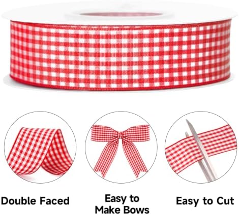 KINGLAKE Red Gingham Ribbon - 1'' x 25 Yds Red Plaid Ribbon