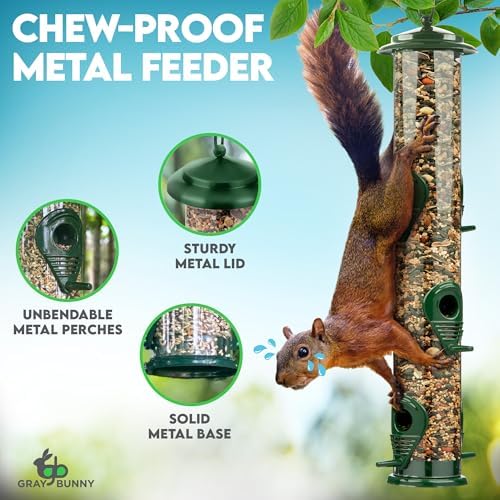Gray Bunny Squirrel Proof Bird Feeders for Outdoors 6 Port Metal Tube