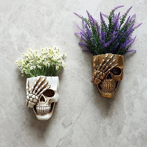 Dolkgy Skull Fence Planter for Outdoor Plants, Spooky Skull Wall Planters for Indoor Outdoor Décor, Funny Gothic Hanging Skeleton Head Plant Pot Gold Face Vase with Drainage