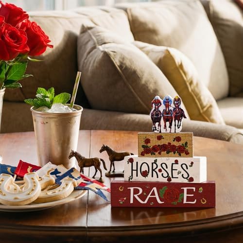 Smile Horses and Races Wooden Block Decor Jockey HORSES RACES Rose Tiered Tray Tabletop Signs for Horse Racing Party Decorations