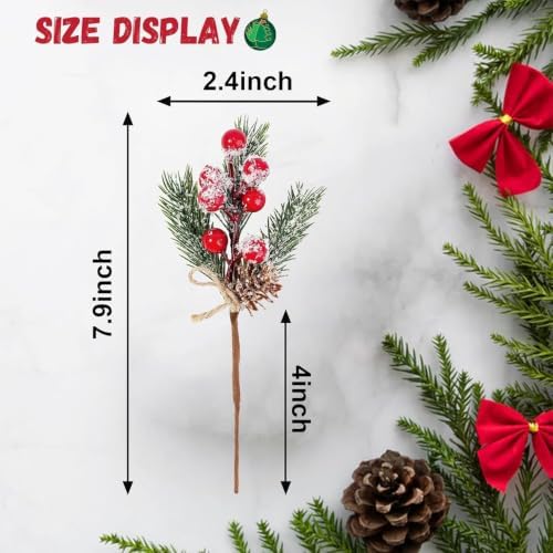 15Pcs Christmas Picks and Sprays, Red Berry Holly Stems Pine Cone Branches