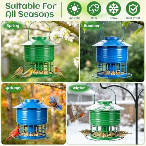 Bird Feeder for Outdoors, Squirrel Proof Bird Feeder for Outside 10LB Metal Caged Wild Bird Feeder with 32 Feeding Ports, Hanging Birdfeeder for Small Birds, Cardinals, Bluebirds, Finches (Green)