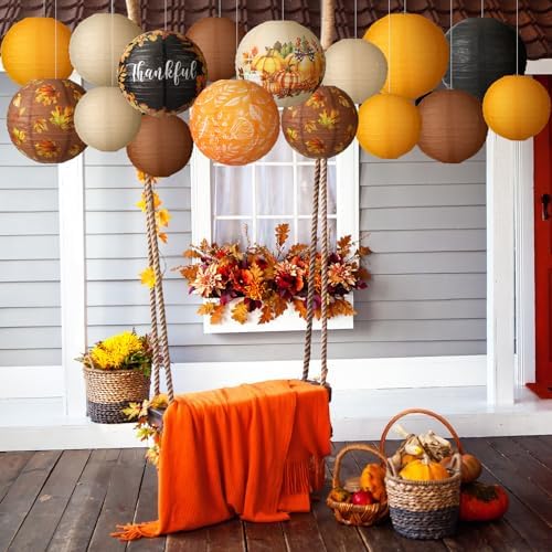 Bencailor 16 Pcs Fall Paper Lanterns Fall Party Paper Lanterns Thanksgiving Orange Pumpkin Fresh Round Thankful Maple Leaves Hanging Party Decorations for Autumn Harvest Outdoor Decor