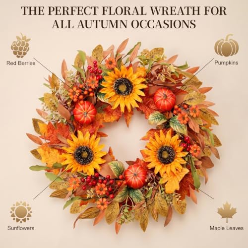 zjlmit Fall Wreaths for Front Door 24 Inch Artificial Fall Wreath with Orange Pumpkins Berries Maple Leaves and Grapevine Base Autumn Sunflower Wreath for Porch Harvest Festival Thanksgiving Day Decor