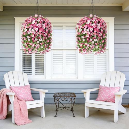 Artificial Flowers with Hanging Basket, Outdoor Faux Plants UV Resistant