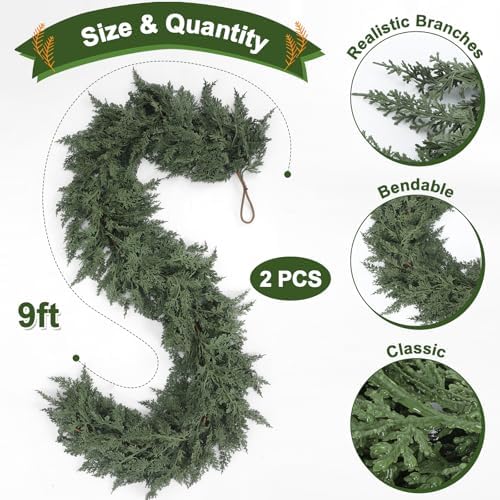 Jutom 2 Pcs 9 ft Artificial Cedar Garland for Christmas