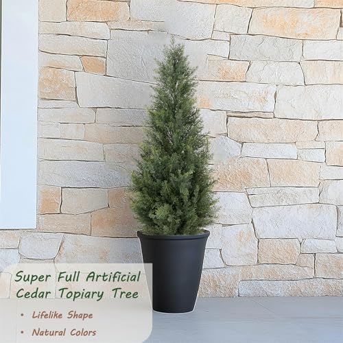 Bellacat 3ft Artificial Topiary Trees Outdoor UV Resistant, 35in Fake Cypress Tree with Full & Realistic Leaves, Faux Cedar Tree for Proch Patio Front Door Deck Balcony Yard Decor, 2 Pack