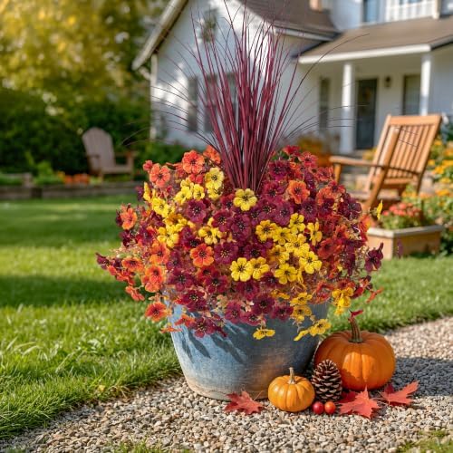 Ivydale Artificial Mums Flowers for Outdoors 12 Pcs + Burgundy Grass