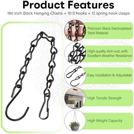 180”Metal Hanging Chains with Hanging Basket Hooks Set,Black