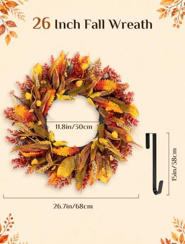 26" Fall Wreaths for Front Door: Autumn Eucalyptus Leaf Wreath